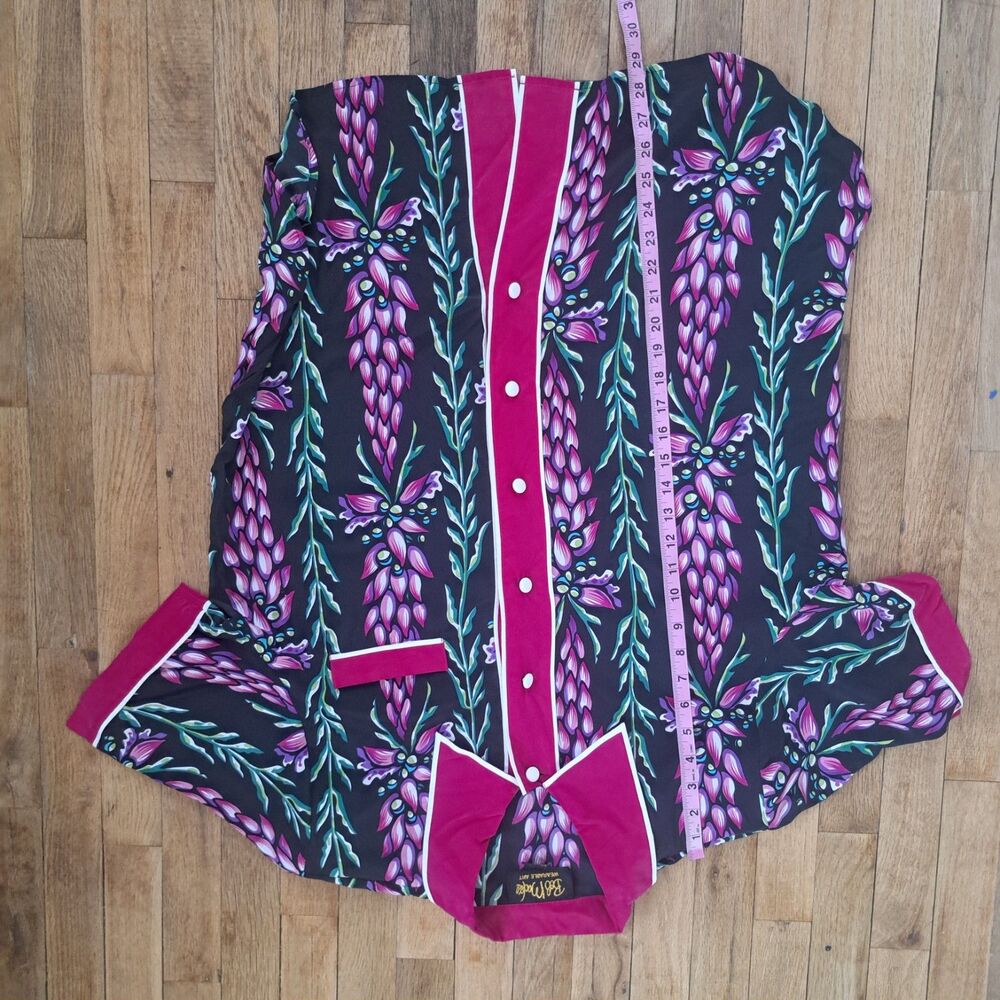 Vintage 100% Silk Womens Bob Mackie XL Pink Black Floral Short Sleeve Blouse Top - Picture 7 of 7
